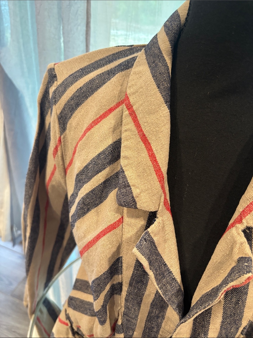 Free People Striped Frayed Open-Front Jacket in Beige, Navy & Red - Picture 2 of 7